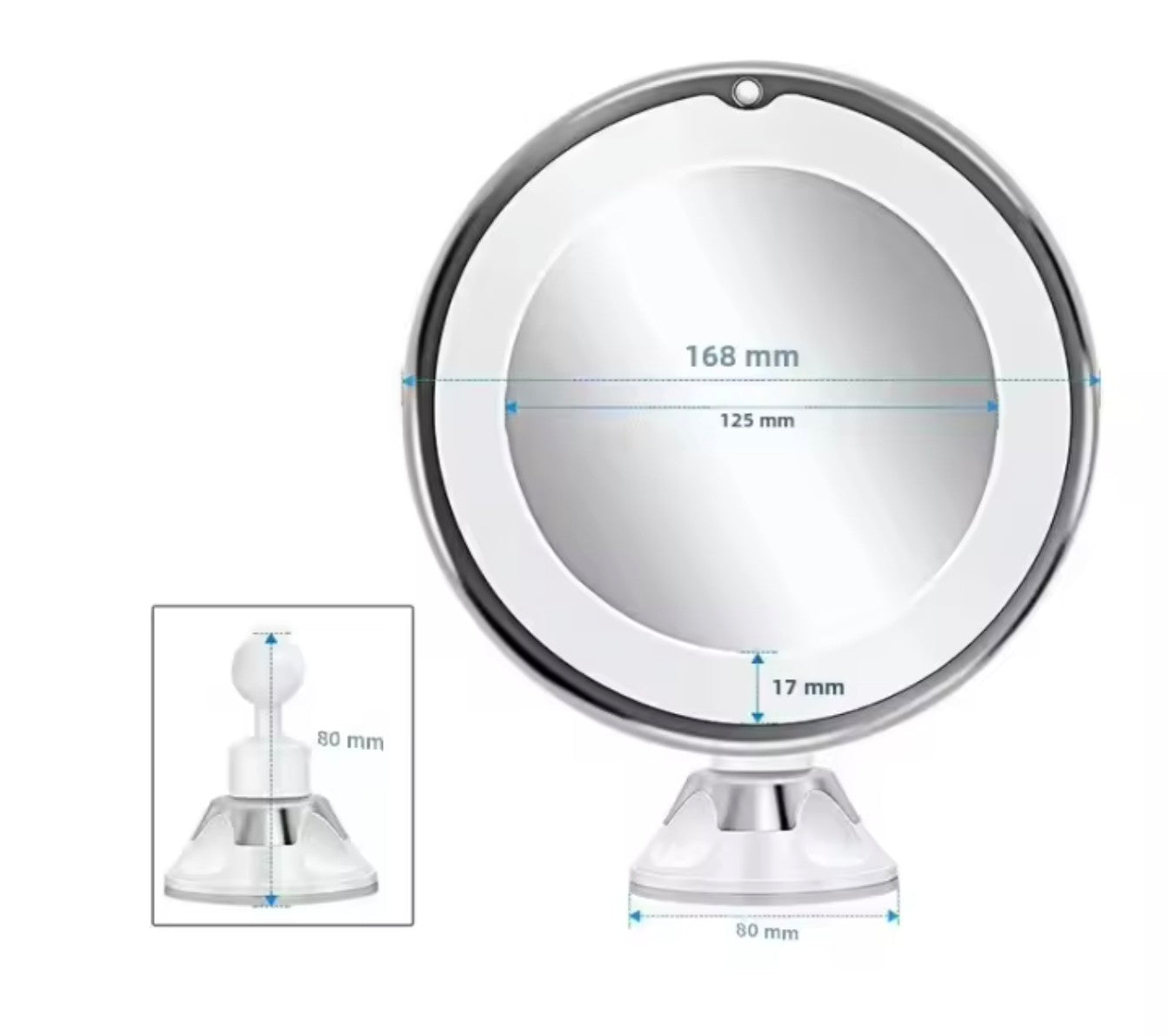 Espejo con aumento x10 y luz. Con ventosa resistente